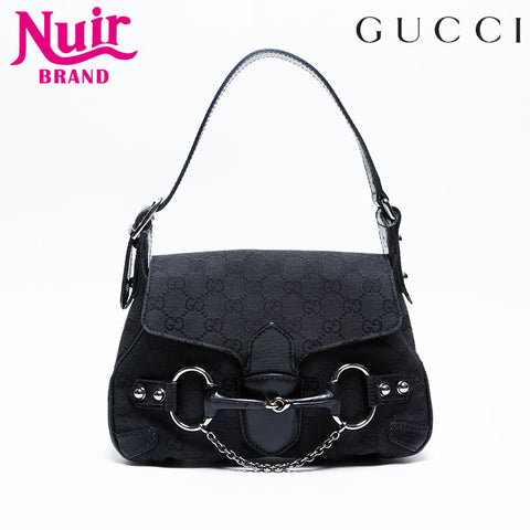 GUCCI Canvas Leather Horsebit Shoulder Bag black WS20161