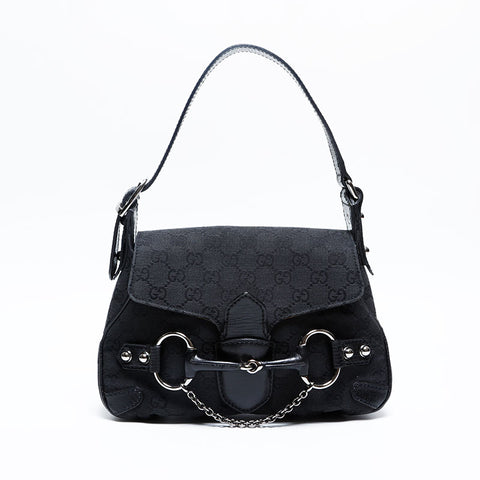 GUCCI Canvas Leather Horsebit Shoulder Bag black WS20161