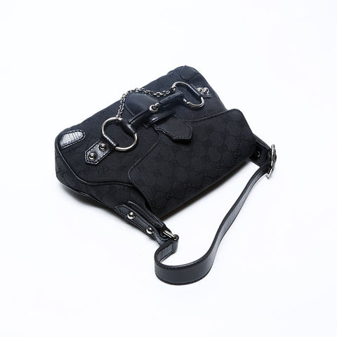 GUCCI Canvas Leather Horsebit Shoulder Bag black WS20161