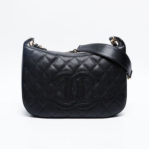 極美品 シャネル CHANEL ココマーク キャビアスキン 8番台 2003-2004 ハーフムーン ショルダーバッグ  ブラック WS20177