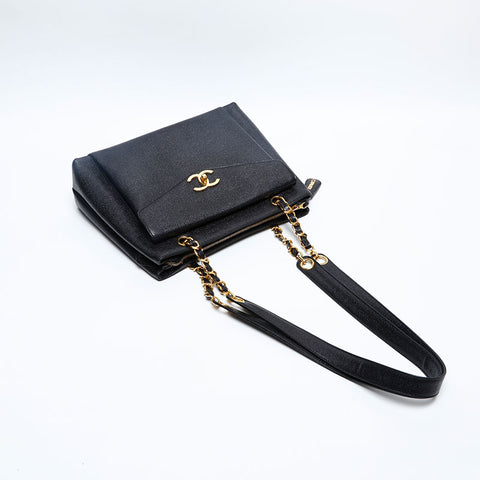 極美品 シャネル CHANEL 3番台 1994-1995 ターンロック キャビアスキン ココマーク ショルダーバッグ  ブラック WS20184