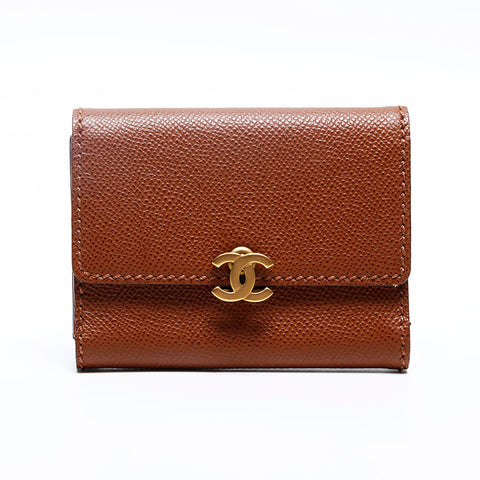 CHANEL Caviar Skin COCO Mark 5th Series 1997-1999 Bifold Wallet Brown WS20188