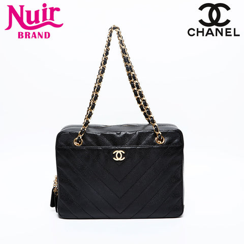 CHANEL 6th Series 2000-2002 Caviar Skin V Stitch Chevron Chain Shoulder Bag black WS20208