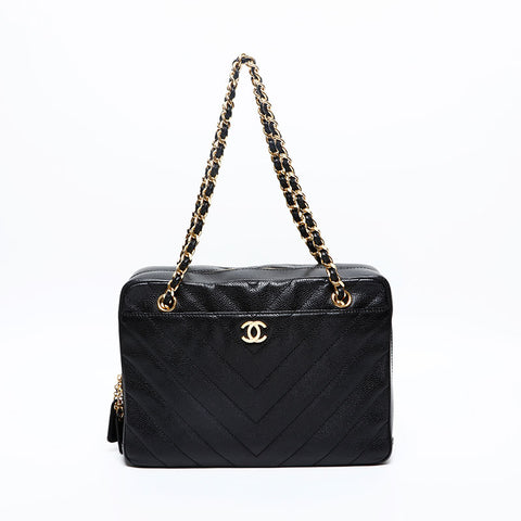 CHANEL 6th Series 2000-2002 Caviar Skin V Stitch Chevron Chain Shoulder Bag black WS20208