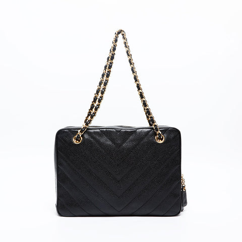 CHANEL 6th Series 2000-2002 Caviar Skin V Stitch Chevron Chain Shoulder Bag black WS20208