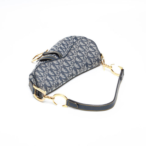 Christian Dior Trotter Oblique Saddlebag in Canvas Shoulder Bag Navy WS20219