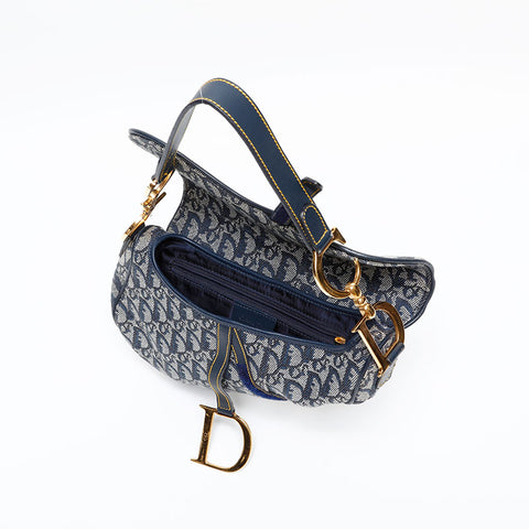 Christian Dior Trotter Oblique Saddlebag in Canvas Shoulder Bag Navy WS20219