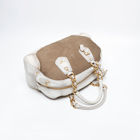 極美品 プラダ PRADA キャンバス レザー ジャガード ロゴ ハンドバッグ ブラウン WS20229