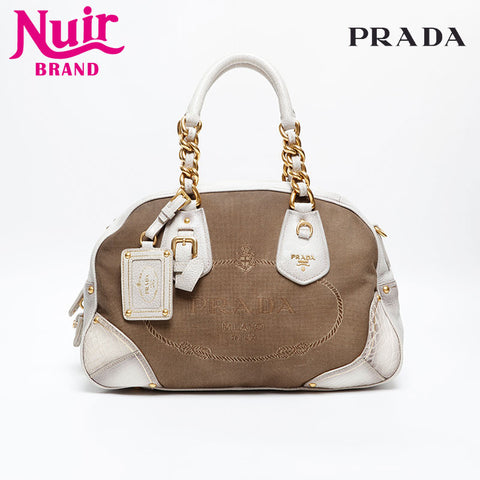 PRADA Canvas Leather Jacquard Logo Handbag Brown WS20229