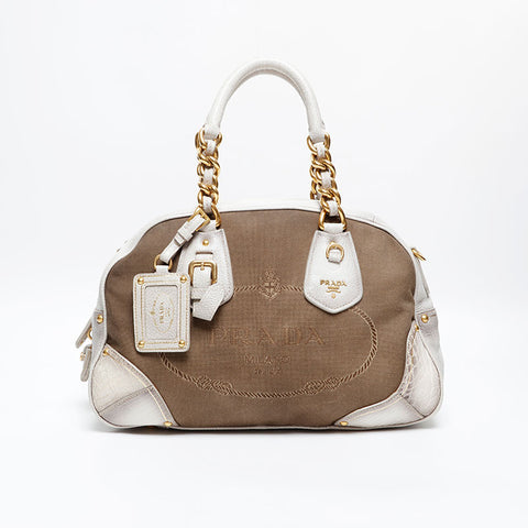 PRADA Canvas Leather Jacquard Logo Handbag Brown WS20229