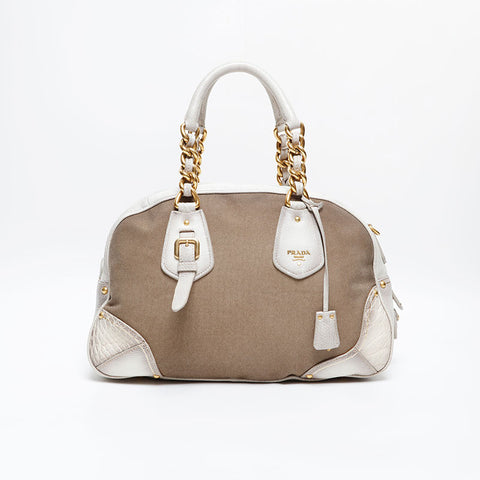PRADA Canvas Leather Jacquard Logo Handbag Brown WS20229