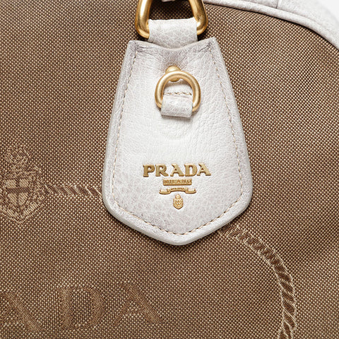 PRADA Canvas Leather Jacquard Logo Handbag Brown WS20229