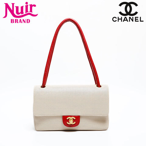CHANEL 6th series 2000-2002 Punching flap leather Shoulder Bag beige WS20308