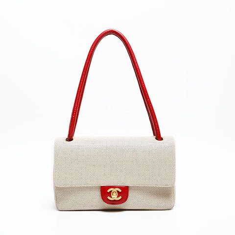 CHANEL 6th series 2000-2002 Punching flap leather Shoulder Bag beige WS20308