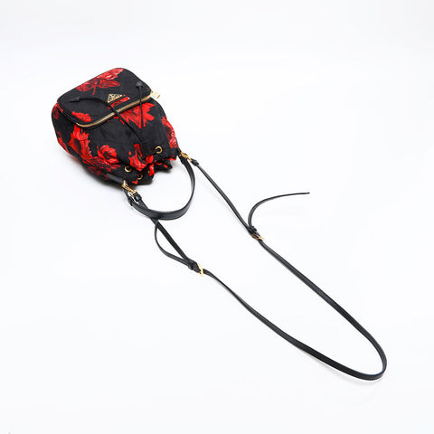 PRADA Nylon Drawstring Bag with Flower Print Shoulder Bag black WS20313