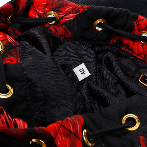 PRADA Nylon Drawstring Bag with Flower Print Shoulder Bag black WS20313
