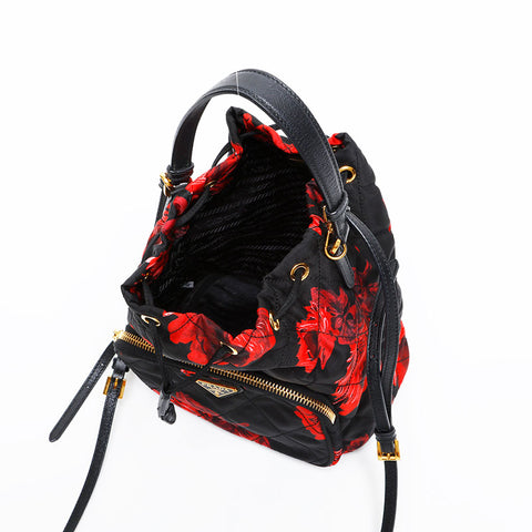 PRADA Nylon Drawstring Bag with Flower Print Shoulder Bag black WS20313