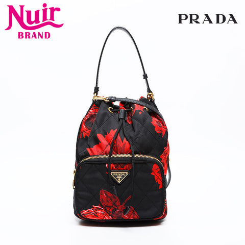 PRADA Nylon Drawstring Bag with Flower Print Shoulder Bag black WS20313