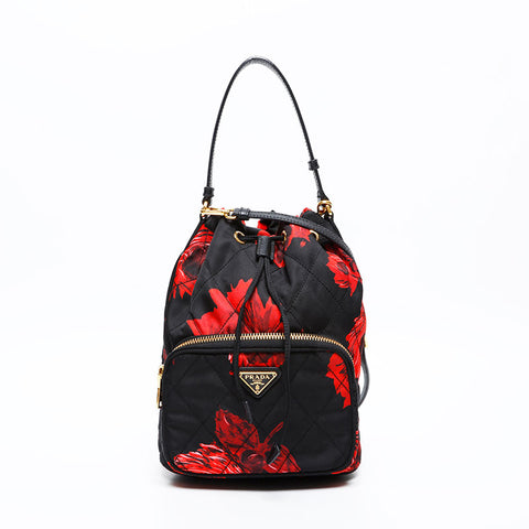 PRADA Nylon Drawstring Bag with Flower Print Shoulder Bag black WS20313