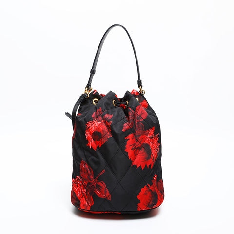 極美品 プラダ PRADA ナイロン 巾着 フラワープリント ショルダーバッグ ブラック WS20313