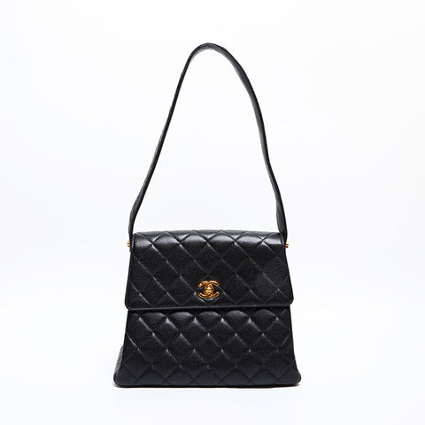 CHANEL No. 4 1996-1997 Caviar Skin Turnlock Matelasse COCO Mark Shoulder Bag black WS20322
