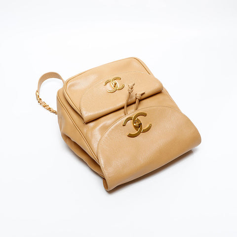 CHANEL No. 3 1994-1996 Caviar Skin Turnlock COCO Mark Backpack  Daypack beige WS20323