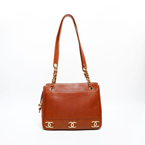 CHANEL No. 3 1994-1996 Caviar Skin Triple Coco Shoulder Bag Brown WS20367