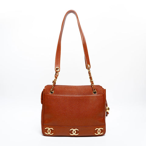 CHANEL No. 3 1994-1996 Caviar Skin Triple Coco Shoulder Bag Brown WS20367