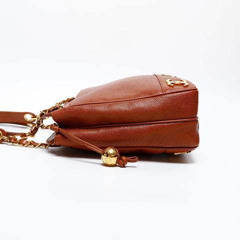 CHANEL No. 3 1994-1996 Caviar Skin Triple Coco Shoulder Bag Brown WS20367