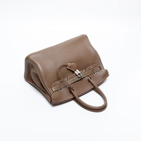 HERMES 2014 ◻︎R stamped Birkin 30 Taurillon Clemence Silver Metal Handbag Brown WS20370