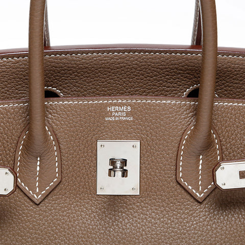 HERMES 2014 ◻︎R stamped Birkin 30 Taurillon Clemence Silver Metal Handbag Brown WS20370