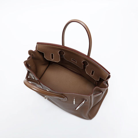 HERMES 2014 ◻︎R stamped Birkin 30 Taurillon Clemence Silver Metal Handbag Brown WS20370