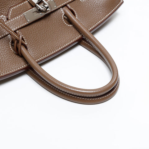 HERMES 2014 ◻︎R stamped Birkin 30 Taurillon Clemence Silver Metal Handbag Brown WS20370