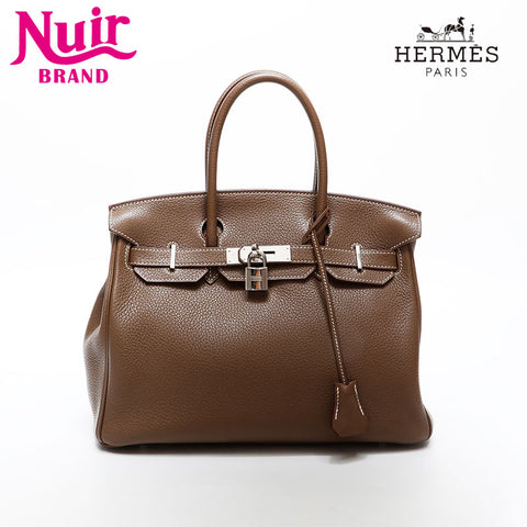 HERMES 2014 ◻︎R stamped Birkin 30 Taurillon Clemence Silver Metal Handbag Brown WS20370