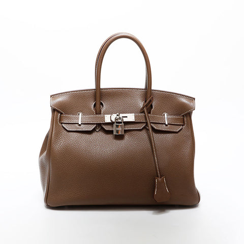 HERMES 2014 ◻︎R stamped Birkin 30 Taurillon Clemence Silver Metal Handbag Brown WS20370