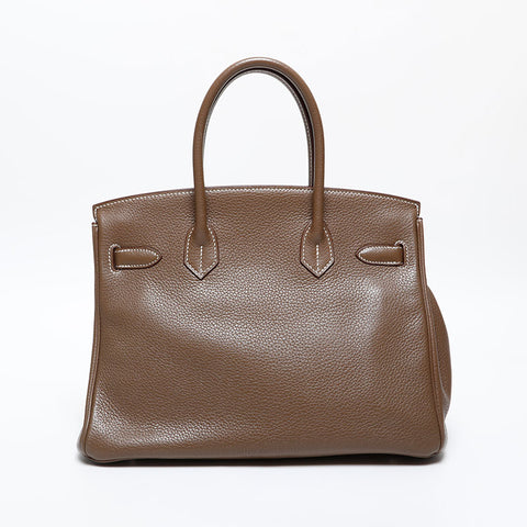 HERMES 2014 ◻︎R stamped Birkin 30 Taurillon Clemence Silver Metal Handbag Brown WS20370