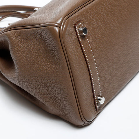 HERMES 2014 ◻︎R stamped Birkin 30 Taurillon Clemence Silver Metal Handbag Brown WS20370