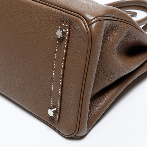 HERMES 2014 ◻︎R stamped Birkin 30 Taurillon Clemence Silver Metal Handbag Brown WS20370