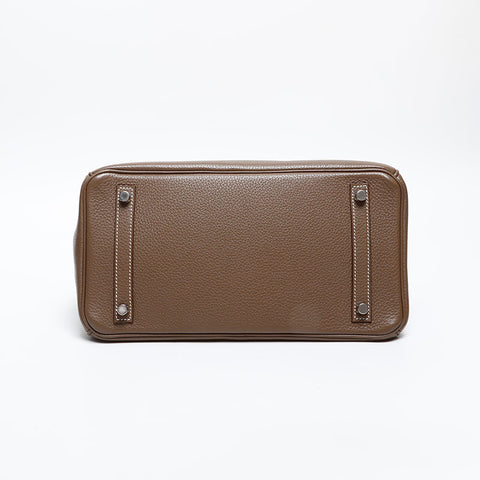 HERMES 2014 ◻︎R stamped Birkin 30 Taurillon Clemence Silver Metal Handbag Brown WS20370