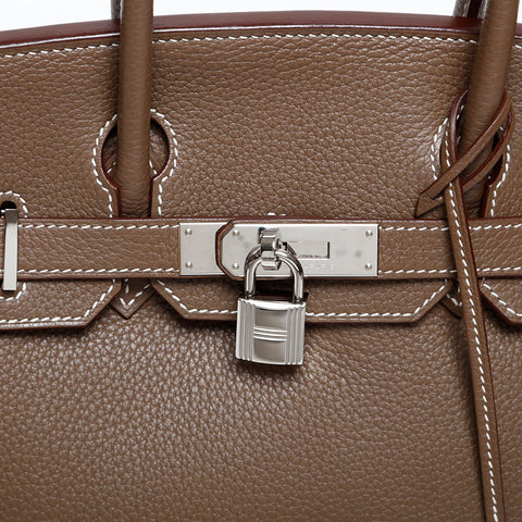 HERMES 2014 ◻︎R stamped Birkin 30 Taurillon Clemence Silver Metal Handbag Brown WS20370