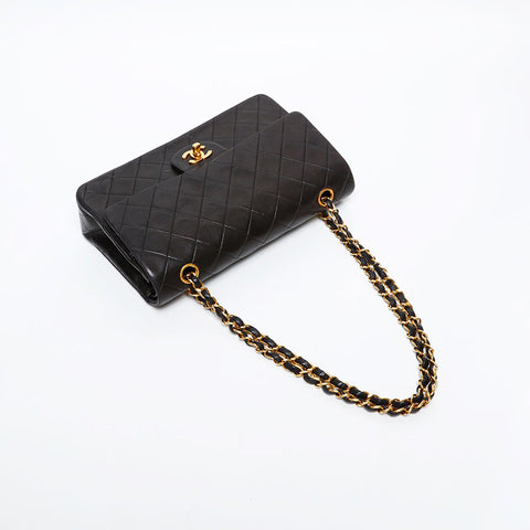 CHANEL No. 2 1991-1994 Lambskin Matelasse 9.8" Double Flap Shoulder Bag black WS20415