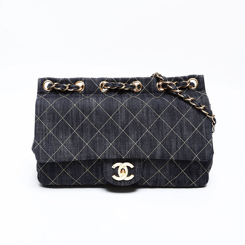 CHANEL 10th Series Denim 2005-2006 Denim Chain Shoulder Bag Navy WS20416
