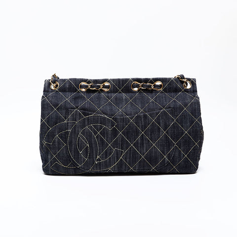 CHANEL 10th Series Denim 2005-2006 Denim Chain Shoulder Bag Navy WS20416
