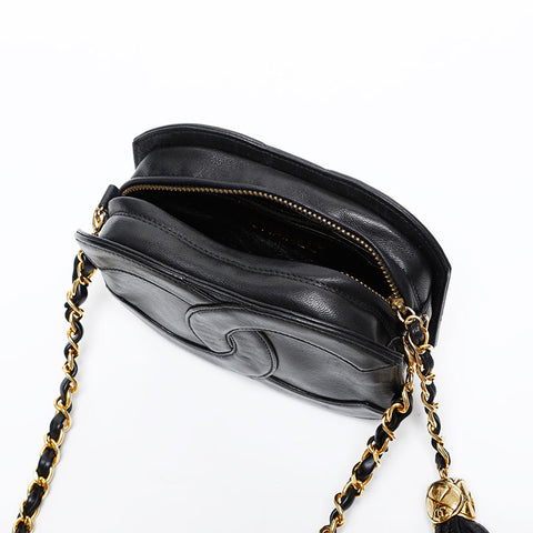 極美品 シャネル CHANEL 1番台 1989-1991 ラムスキン ココマーク フリンジ チェーン ショルダーバッグ  ブラック WS20419