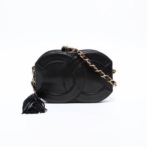 CHANEL No. 1 1989-1991 Lambskin COCO Mark Fringe Chain Shoulder Bag black WS20419