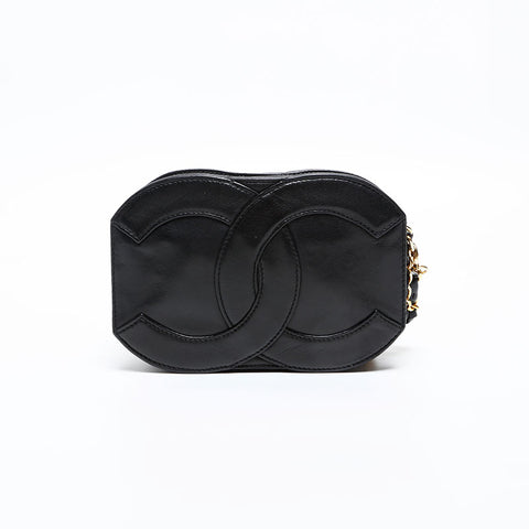 極美品 シャネル CHANEL 1番台 1989-1991 ラムスキン ココマーク フリンジ チェーン ショルダーバッグ  ブラック WS20419