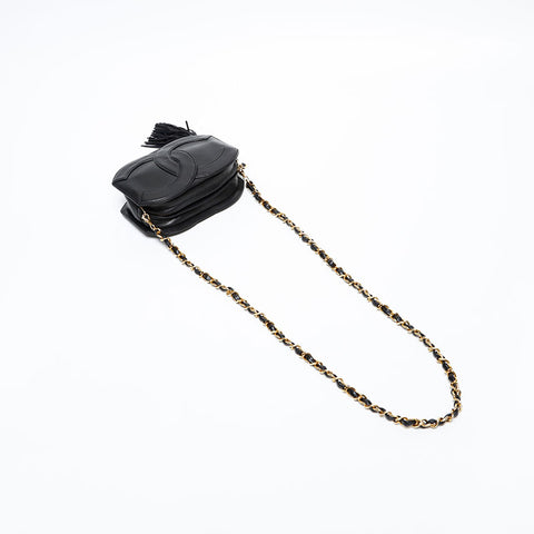 極美品 シャネル CHANEL 1番台 1989-1991 ラムスキン ココマーク フリンジ チェーン ショルダーバッグ  ブラック WS20419