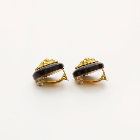 CHANEL 94A COCO Mark Round Earring Black Gold WS20434