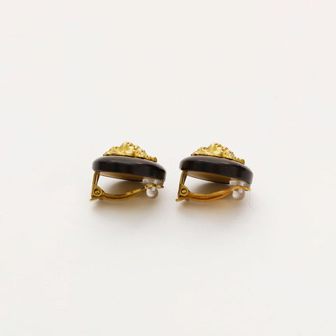 CHANEL 94A COCO Mark Round Earring Black Gold WS20434