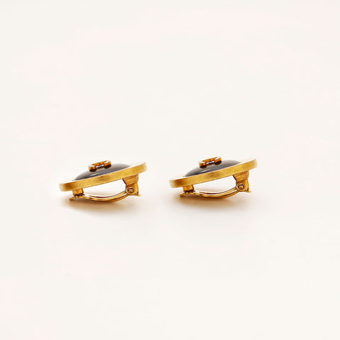 CHANEL 94A COCO Mark Round Earring Black Gold WS20435